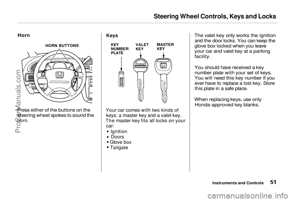 HONDA ODYSSEY 1995  Owners Manual 
Steering Wheel Controls, Keys and Locks

Horn

Press either of the buttons on the
steering wheel spokes to sound the

horn.
 Keys

Your car comes with two kinds of
 keys: a master key and a valet key