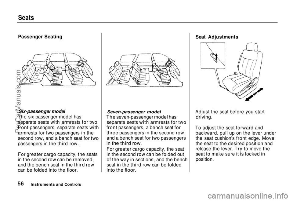 HONDA ODYSSEY 1995 Owners Manual
Seats
Passenger Seating
Six-passenger model
The six-passenger
model has
separate seats with armrests for two
front passengers, separate seats with armrests for two passengers in the
second row, HONDA ODYSSEY 1995 Owners Manual
Seats
Passenger Seating
Six-passenger model
The six-passenger
model has
separate seats with armrests for two
front passengers, separate seats with armrests for two passengers in the
second row,