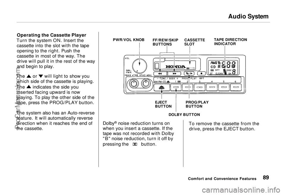 HONDA ODYSSEY 1995  Owners Manual Audio System

Operating the Cassette Player
Turn the system ON. Insert the cassette into the slot with the tapeopening to the right. Push the
cassette in most of the way. The
drive will pull it in the