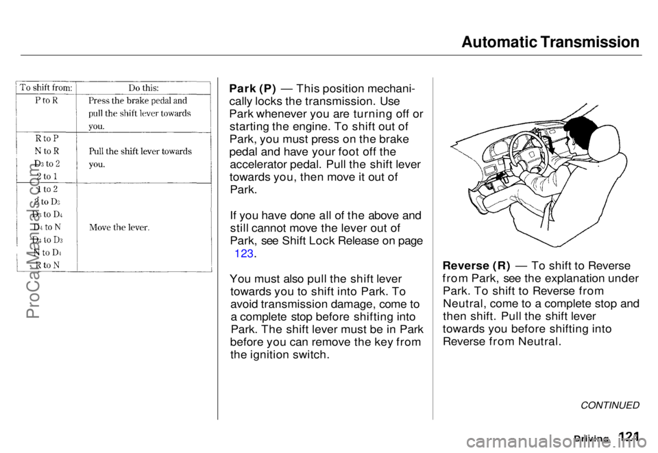 HONDA ODYSSEY 1996  Owners Manual Automatic Transmission

Park (P) — This position mechani- cally locks the transmission. Use
Park whenever you are turning off or starting the engine. To shift out of
Park, you must press on the brak