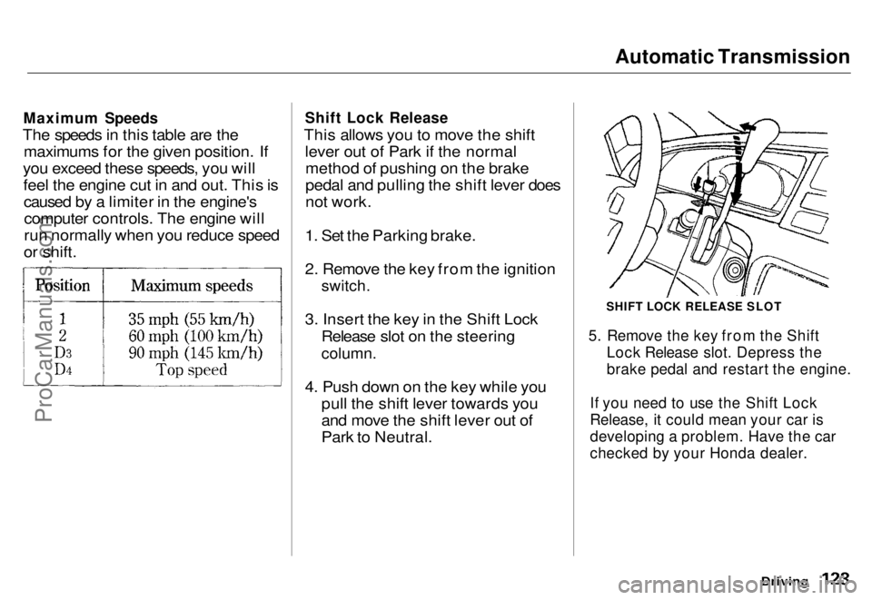 HONDA ODYSSEY 1996  Owners Manual Automatic Transmission

Maximum Speeds

The speeds in this table are the maximums for the given position. If
you exceed these speeds, you will feel the engine cut in and out. This iscaused by a limite