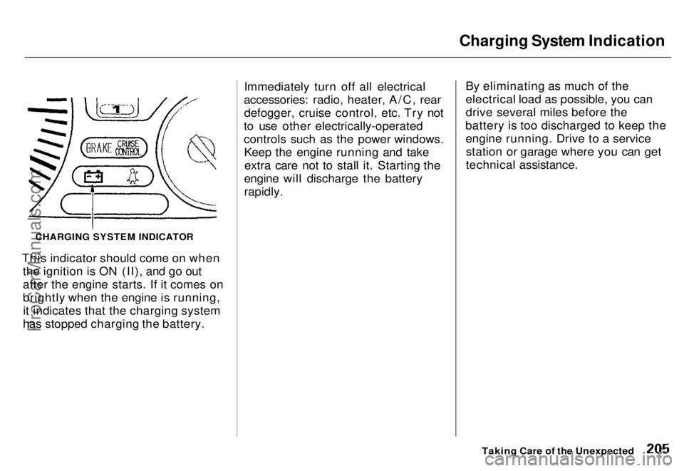 HONDA ODYSSEY 1996  Owners Manual Charging System Indication

This indicator should come on when the ignition is ON (II), and go out
after the engine starts. If it comes on
brightly when the engine is running,it indicates that the cha