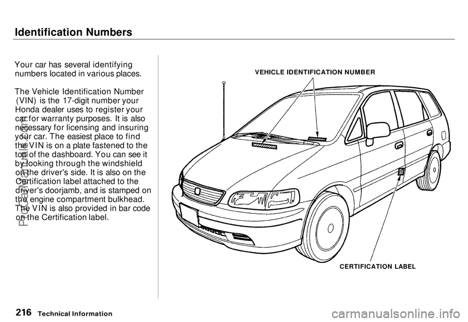 HONDA ODYSSEY 1996  Owners Manual 
Identification Numbers
Your car has several identifying numbers located in various places.
The Vehicle Identification Number (VIN) is the 17-digit number your
Honda dealer uses to register your car f