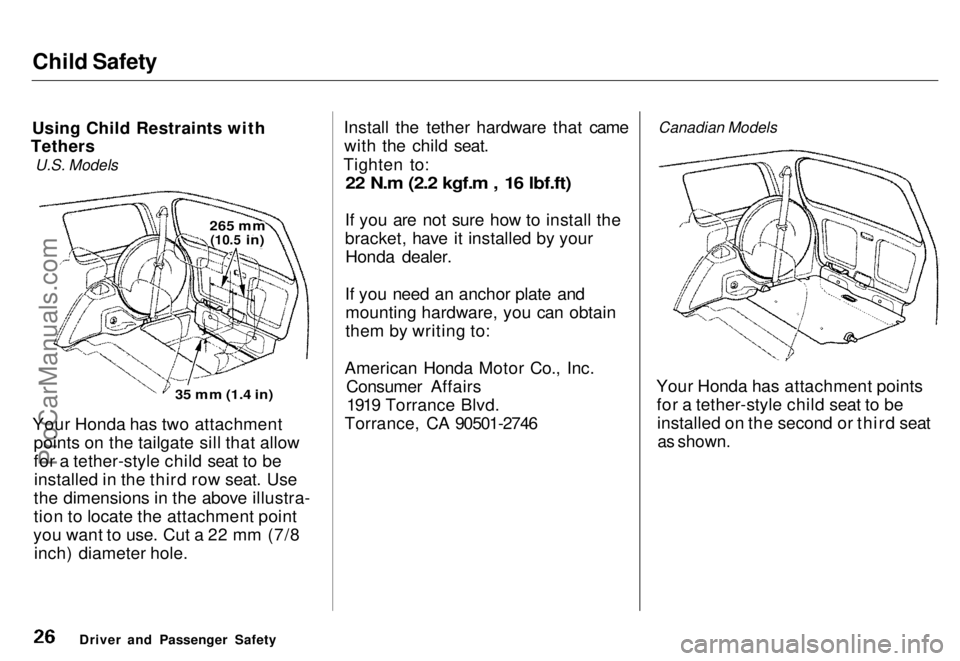 HONDA ODYSSEY 1996  Owners Manual Child Safety

Using Child Restraints with
Tethers

U.S. Models

35 mm (1.4 in)

Your Honda has two attachment points on the tailgate sill that allow
for a tether-style child seat to beinstalled in the