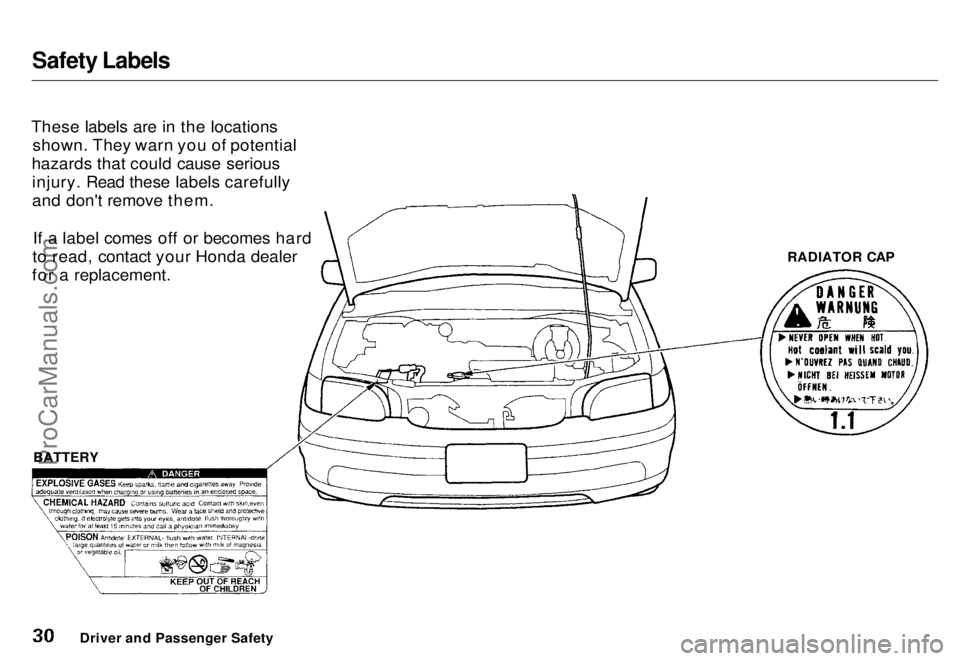 HONDA ODYSSEY 1996  Owners Manual Safety Labels

These labels are in the locations shown. They warn you of potential
hazards that could cause serious injury. Read these labels carefully
and don't remove them.
If a label comes off 