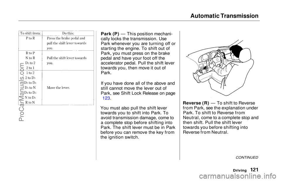 HONDA ODYSSEY 1997  Owners Manual Automatic Transmission

Park (P) — This position mechani-
cally locks the transmission. Use
Park whenever you are turning off or
starting the engine. To shift out of
Park, you must press on the brak