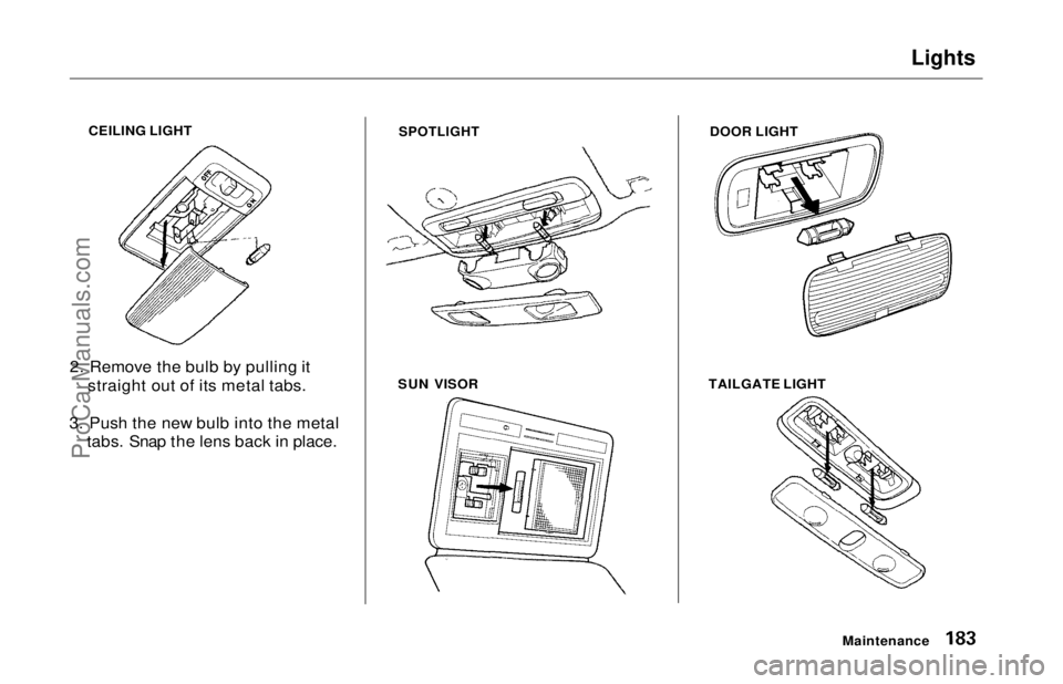 HONDA ODYSSEY 1997  Owners Manual Lights

CEILING LIGHT
2. Remove the bulb by pulling it straight out of its metal tabs.
3. Push the new bulb into the metal tabs. Snap the lens back in place.
 SPOTLIGHT

SUN VISOR DOOR LIGHT
TAILGATE 