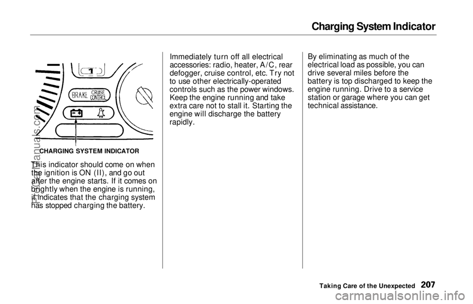 HONDA ODYSSEY 1997  Owners Manual Charging System Indicator

This indicator should come on when the ignition is ON (II), and go out
after the engine starts. If it comes on
brightly when the engine is running, it indicates that the cha