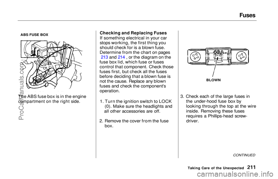 HONDA ODYSSEY 1997  Owners Manual Fuses

ABS FUSE BOX

The ABS fuse box is in the engine
 compartment on the right side.
 Checking and Replacing Fuses

If something electrical in your car
stops working, the first thing you
should chec