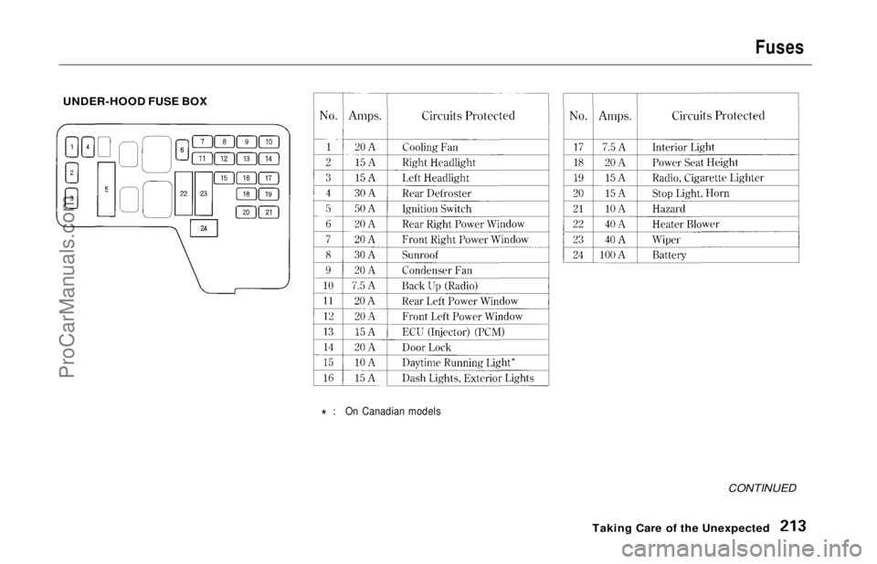 HONDA ODYSSEY 1997  Owners Manual 
Fuses

UNDER-HOOD FUSE BOX

* : On Canadian models

CONTINUED
Taking Care of the UnexpectedProCarManuals.comMain Menu Table of Contents s t   