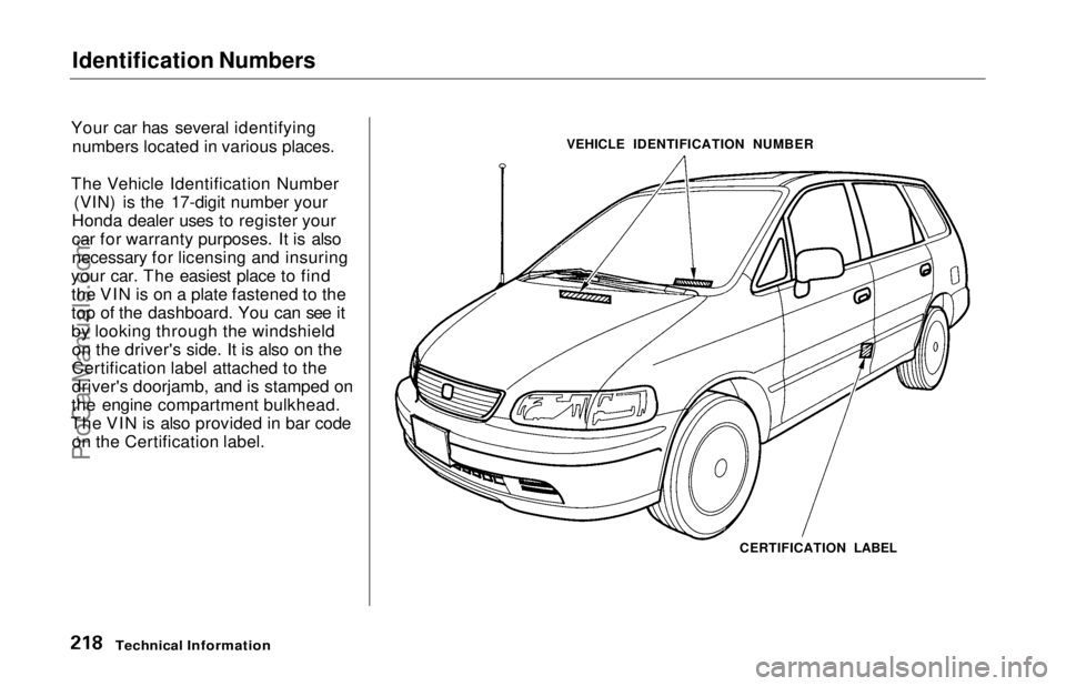 HONDA ODYSSEY 1997  Owners Manual Identification Numbers

Your car has several identifying numbers located in various places.
The Vehicle Identification Number (VIN) is the 17-digit number your
Honda dealer uses to register your
car f