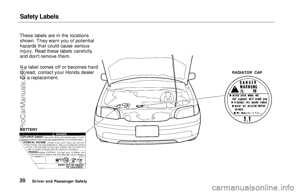 HONDA ODYSSEY 1997  Owners Manual Safety Labels

These labels are in the locations shown. They warn you of potential
hazards that could cause serious injury. Read these labels carefully
and don't remove them.
If a label comes off 
