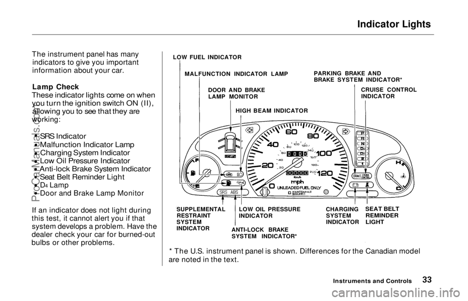 HONDA ODYSSEY 1997  Owners Manual Indicator Lights

The instrument panel has many indicators to give you important
information about your car.
Lamp Check

These indicator lights come on when
 you turn the ignition switch ON (II),
 all