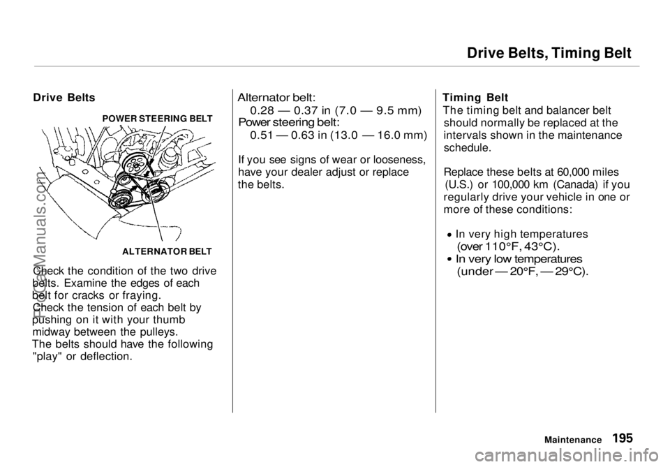 HONDA ODYSSEY 1998  Owners Manual 
Drive Belts, Timing Belt

Drive Belts
Check the condition of the two drive
belts. Examine the edges of each
belt for cracks or fraying. Check the tension of each belt by
pushing on it with your thumb
