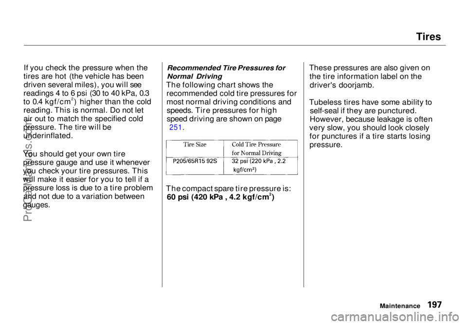 HONDA ODYSSEY 1998  Owners Manual Tires

If you check the pressure when the
tires are hot (the vehicle has been driven several miles), you will see
readings 4 to 6 psi (30 to 40 kPa, 0.3
to 0.4 kgf/cm2) higher than the cold reading. T
