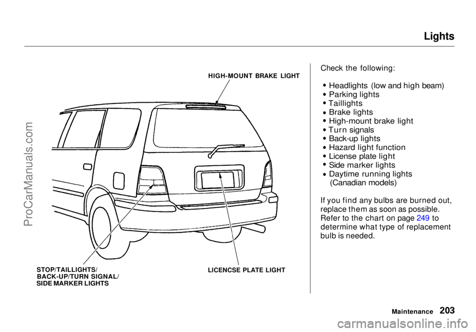 HONDA ODYSSEY 1998  Owners Manual Lights
Check the following:
 Headlights (low and high beam)
Parking lights
Taillights Brake lights
High-mount brake light Turn signals
Back-up lights
Hazard light function
License plate light
Side mar