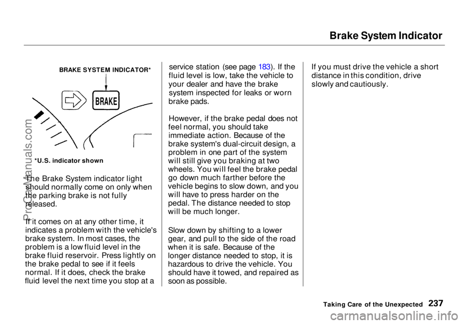 HONDA ODYSSEY 1998  Owners Manual 
Brake System Indicator

The Brake System indicator light should normally come on only when
the parking brake is not fully

released.

If it comes on at any other time, it
indicates a problem with the