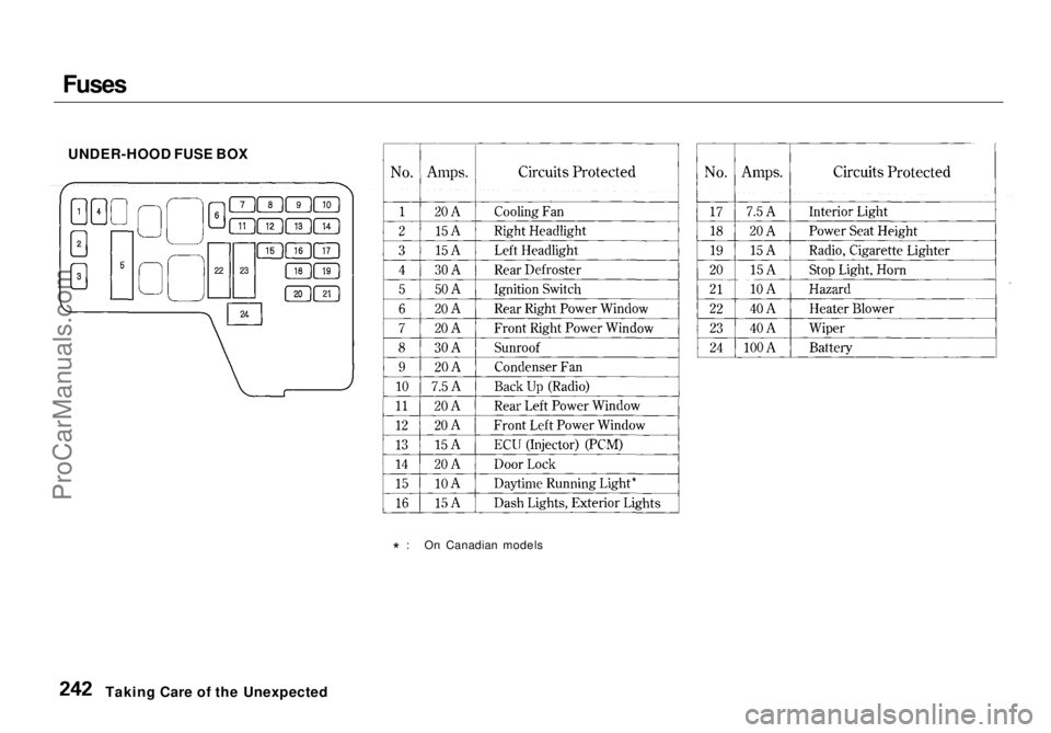 HONDA ODYSSEY 1998  Owners Manual Fuses

UNDER-HOOD FUSE BOX
* : On Canadian models
Taking Care of the UnexpectedProCarManuals.comMain Menu Table of Contents s t   