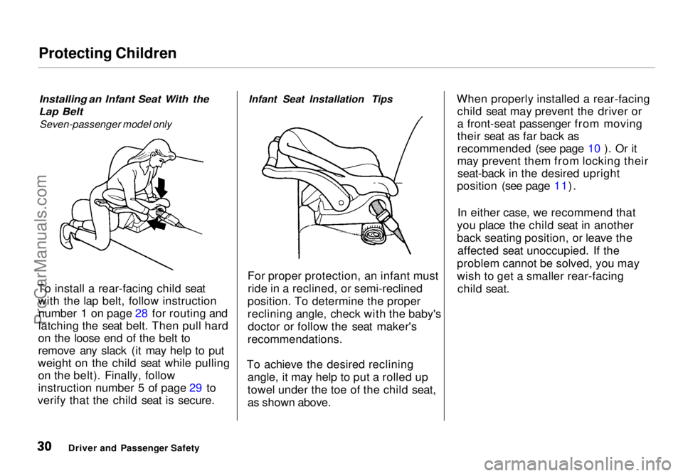 HONDA ODYSSEY 1998  Owners Manual Protecting Children

Installing an Infant Seat With the

Lap Belt

Seven-passenger model only
To install a rear-facing child seat with the lap belt, follow instructionnumber 1 on page 28 for routing a
