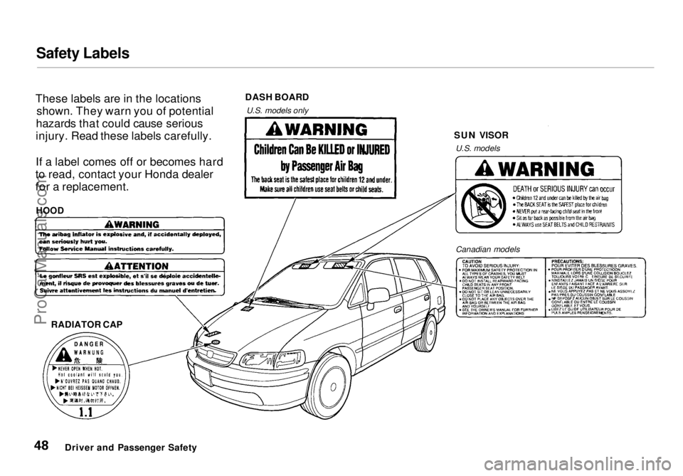 HONDA ODYSSEY 1998  Owners Manual Safety Labels

These labels are in the locations shown. They warn you of potential
hazards that could cause serious
injury. Read these labels carefully.
If a label comes off or becomes hard
to read, c