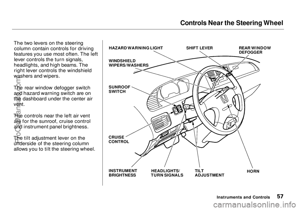 HONDA ODYSSEY 1998  Owners Manual Controls Near the Steering Wheel

The two levers on the steering column contain controls for driving
features you use most often. The left lever controls the turn signals,
headlights, and high beams. 