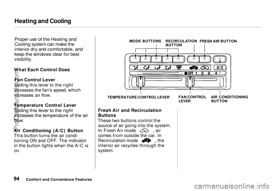 HONDA ODYSSEY 1998  Owners Manual Heating and Cooling

Proper use of the Heating and

Cooling system can make the

interior dry and comfortable, and

keep the windows clear for best

visibility.

What Each Control Does Fan Control Lev