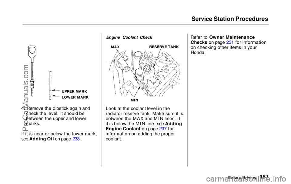 HONDA ODYSSEY 1999  Owners Manual Service Station Procedures

4. Remove the dipstick again and check the level. It should be
between the upper and lower marks.
If it is near or below the lower mark, see Adding Oil on page 233 . Engine