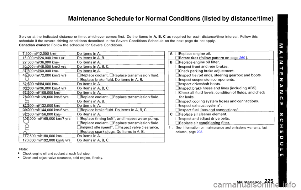 HONDA ODYSSEY 1999  Owners Manual Maintenance Schedule for Normal Conditions (listed by distance/time)

Service at the indicated distance or time, whichever comes first. Do the items in A, B, C as required for each distance/time inter