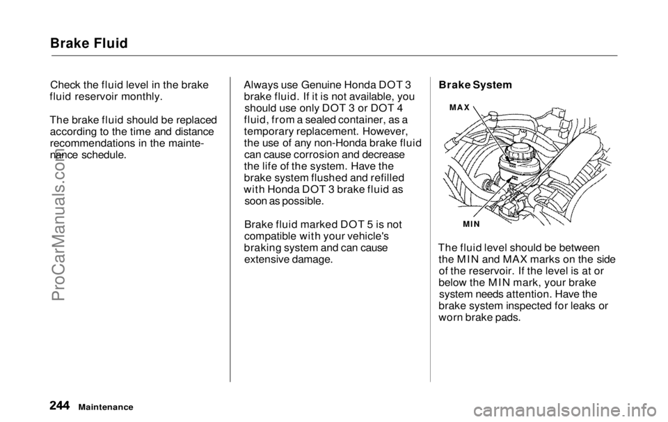 HONDA ODYSSEY 1999  Owners Manual Brake Fluid

Check the fluid level in the brake
fluid reservoir monthly.
The brake fluid should be replaced according to the time and distance
recommendations in the mainte-
nance schedule. Always use