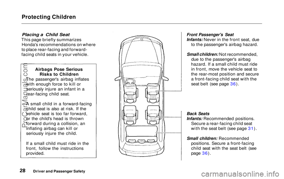 HONDA ODYSSEY 1999  Owners Manual Protecting Children

Placing a Child Seat

This page briefly summarizes Honda's recommendations on where
to place rear-facing and forward-
facing child seats in your vehicle.
 Front Passenger'