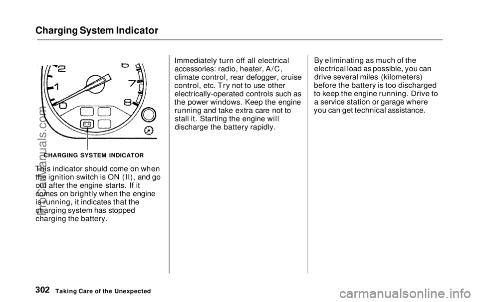 HONDA ODYSSEY 1999  Owners Manual Charging System Indicator

This indicator should come on when the ignition switch is ON (II), and goout after the engine starts. If it
comes on brightly when the engine
is running, it indicates that t
