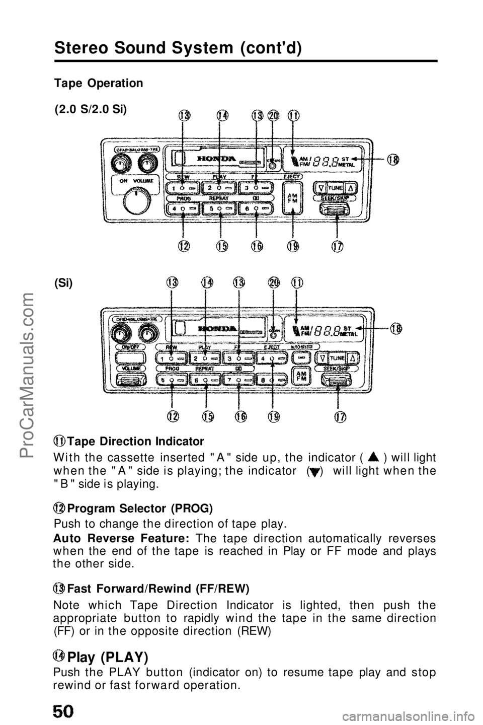 HONDA PRELUDE 1990  Owners Manual 
Stereo Sound System (cont'd)
(2.0 S/2.0 Si)
(Si) Tape Direction Indicator
With the cassette inserted "A" side up, the indicator ( ) will light
when the "A" side is playing; the in