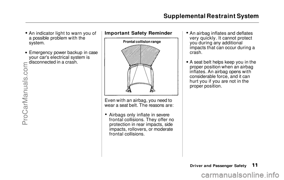 HONDA PRELUDE 1992  Owners Manual 
Supplemental Restraint System
An indicator light to warn you of a possible problem with the

system.
 Emergency power backup in case
your car's electrical system is
disconnected in a crash.
 Impo