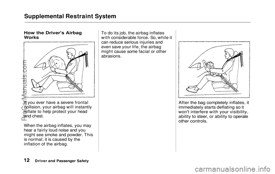 HONDA PRELUDE 1992  Owners Manual Supplemental Restraint System
How the Driver's Airbag

Works

If yo
 u ever have a severe frontal
collision, your airbag will instantly
inflate to help protect your head
and chest.
When the airbag