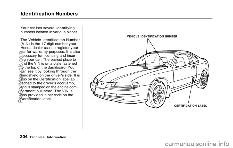 HONDA PRELUDE 1992  Owners Manual 
Identification Numbers

Your car has several identifying numbers located in various places.
The Vehicle Identification Number
(VIN) is the 17-digit number your
Honda dealer uses to register your car 
