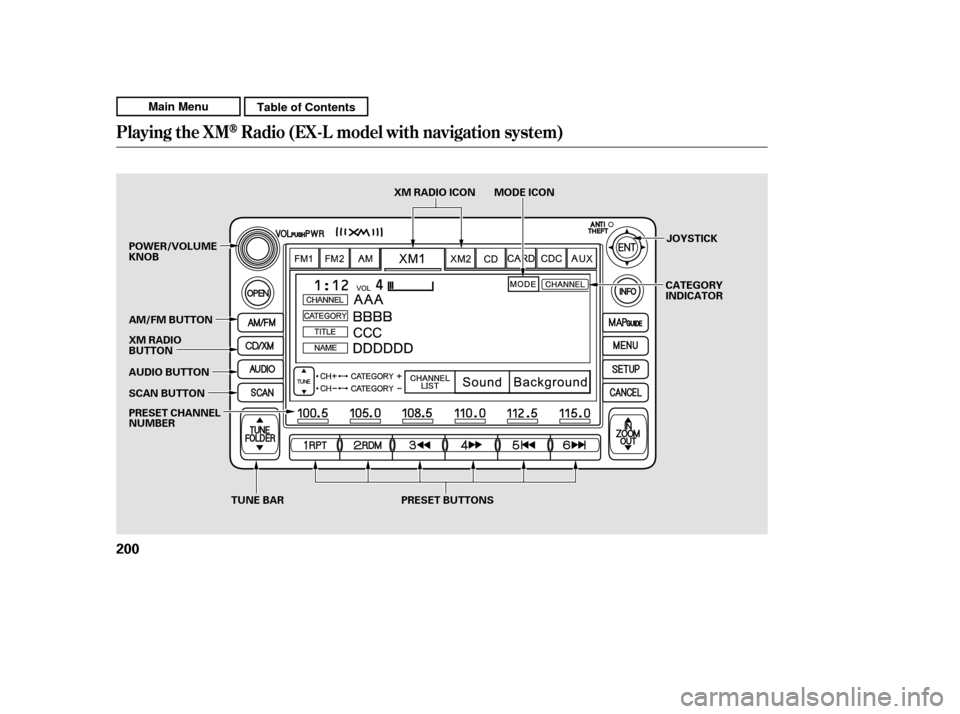 HONDA CR-V 2011 RD1-RD5, RE7 / 3.G Owners Manual Playing the XMRadio (EX-L model wit h navigat ion syst em)
200
TUNE BAR
SCAN BUTTON JOYSTICK
AUDIO BUTTON XM RADIO 
BUTTON
POWER/VOLUMEKNOB
PRESET BUTTONS
PRESET CHANNEL
NUMBER XM RADIO ICON MODE ICON