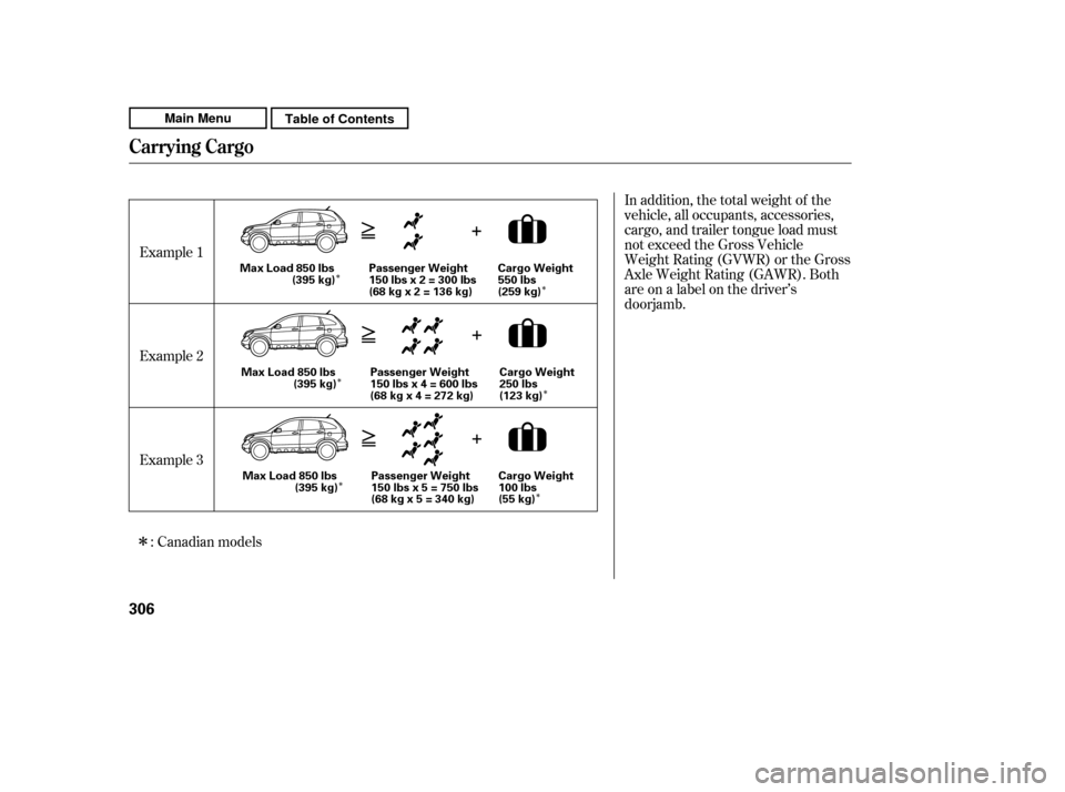 HONDA CR-V 2011 RD1-RD5, RE7 / 3.G Owners Manual ÎÎ Î Î
Î
Î
Î In addition, the total weight of the 
vehicle, all occupants, accessories,
cargo, and trailer tongue load must
not exceed the Gross Vehicle
Weight Rating (GVWR) or the Gross