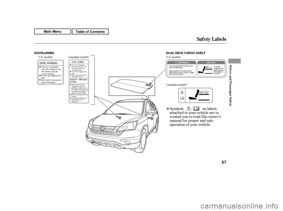 HONDA CR-V 2011 RD1-RD5, RE7 / 3.G Owners Manual Î
Î
Symbols on labels 
attached to your vehicle are to
remind you to read this owner’s
manual f or proper and saf e
operation of your vehicle.
Canadian models
U.S. models U.S. models
Canadian mo
