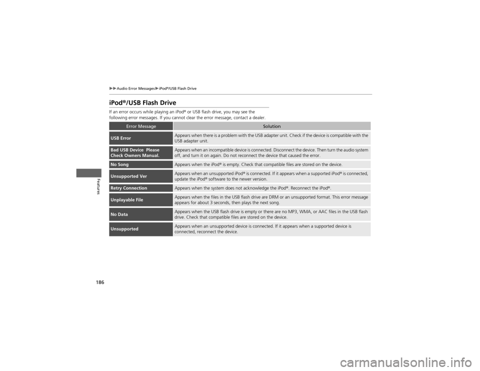 HONDA CR-V 2012 RM1, RM3, RM4 / 4.G Owners Manual 186
uuAudio Error MessagesuiPod®/USB Flash Drive
Features
iPod ®/USB Flash Drive
If an error occurs while playing an iPod ® or USB flash drive, you may see the 
following error messages. If you can