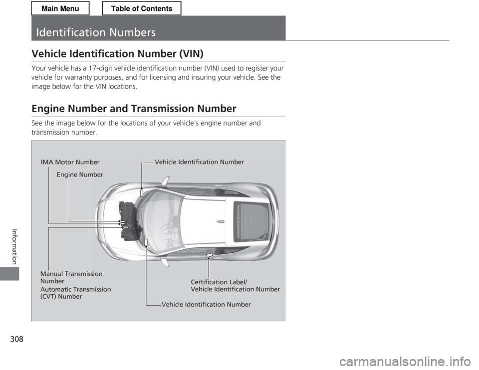 HONDA CR-Z 2013 1.G Owners Manual 308
Information
Identification Numbers
Vehicle Identification Number (VIN) 
Your vehicle has a 17-digit vehicle identification number (VIN) used to register your 
vehicle for warranty purposes, and fo