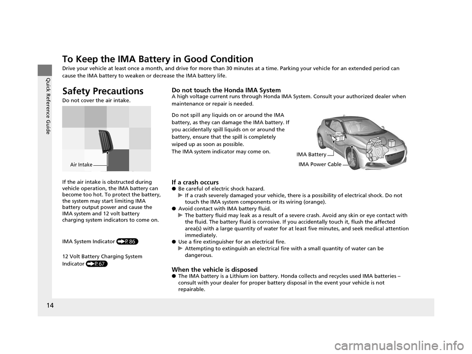 HONDA CR-Z 2015 1.G Owners Manual 14
Quick Reference Guide
To Keep the IMA Battery in Good Condition 
Drive your vehicle at least once a month, a nd drive for more than 30 minutes at a time. Parking your vehicle for an extended pe rio