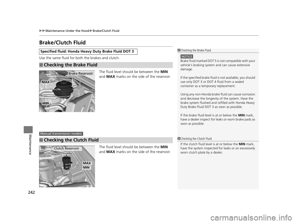 HONDA CR-Z 2015 1.G Owners Manual 242
uuMaintenance Under the Hood uBrake/Clutch Fluid
Maintenance
Brake/Clutch Fluid
Use the same fluid for bo th the brakes and clutch.
The fluid level should be between the  MIN 
and  MAX  marks on t