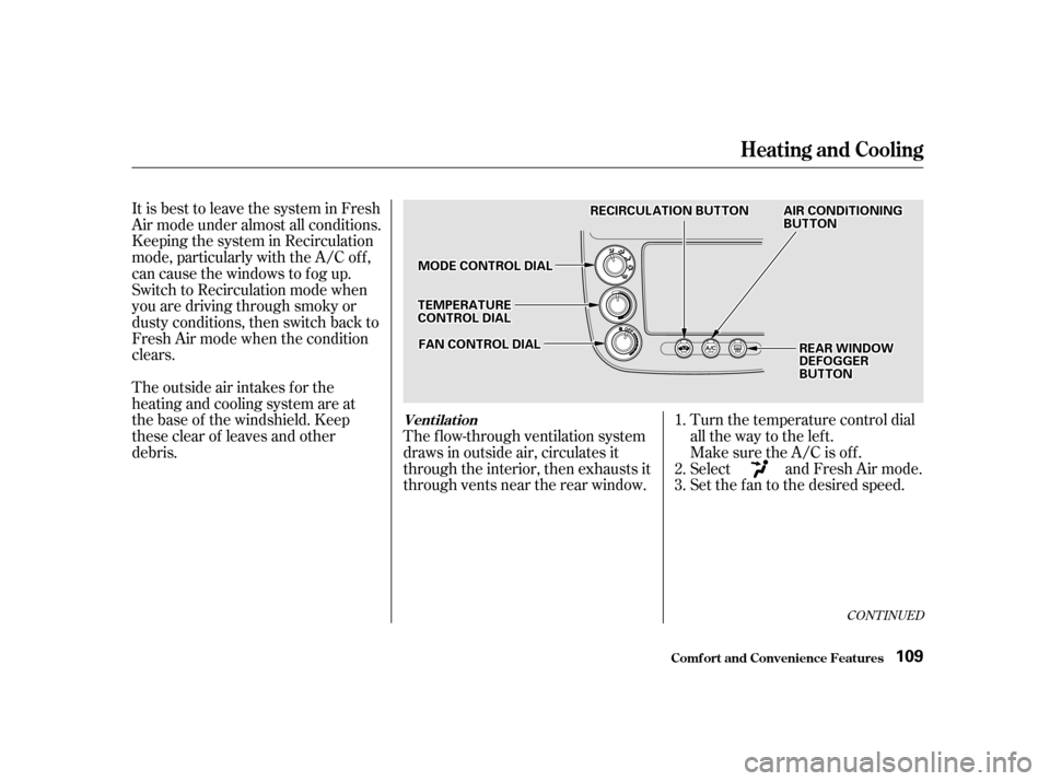 HONDA CIVIC 2001 7.G Owners Manual The outside air intakes f or the 
heating and cooling system are at
the base of the windshield. Keep
these clear of leaves and other
debris.The f low-through ventilation system
draws in outside air, c