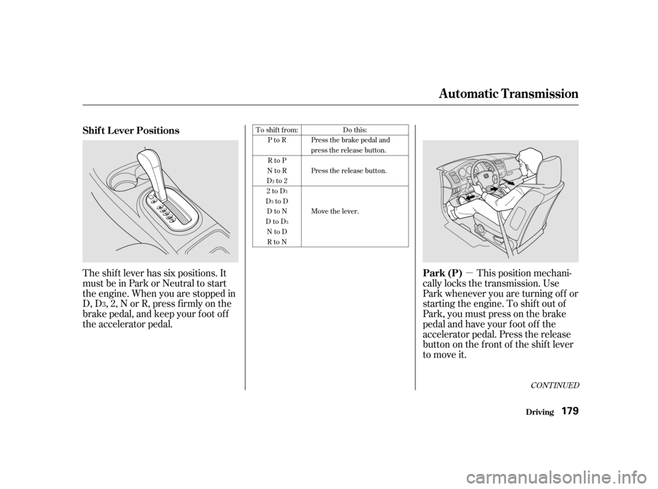 HONDA CIVIC 2001 7.G Owners Manual µ
CONT INUED
Do this:
Press the brake pedal and 
press the release button. 
Press the release button. 
Move the lever.
3 To shift from:
PtoR 
RtoP
NtoR
Dto2 
2toD
DtoD DtoN
DtoD NtoDRtoN
This positi