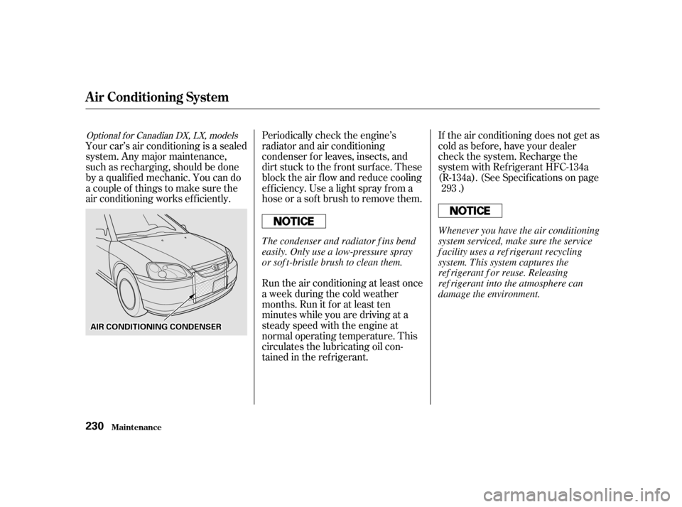 HONDA CIVIC 2001 7.G Owners Manual Periodically check the engine’s
radiator and air conditioning
condenser f or leaves, insects, and
dirt stuck to the f ront surf ace. These
block the air f low and reduce cooling
ef f iciency. Use a HONDA CIVIC 2001 7.G Owners Manual Periodically check the engine’s
radiator and air conditioning
condenser f or leaves, insects, and
dirt stuck to the f ront surf ace. These
block the air f low and reduce cooling
ef f iciency. Use a