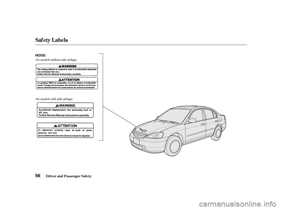 HONDA CIVIC 2001 7.G Owners Manual On models without side airbagsOn models with side airbags
Saf ety L abels
Driver and Passenger Saf ety
56
HOOD 
