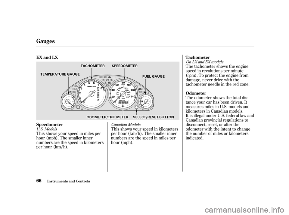 HONDA CIVIC 2001 7.G Owners Manual This shows your speed in miles per 
hour (mph). The smaller inner
numbers are the speed in kilometers
per hour (km/h).The tachometer shows the engine
speed in revolutions per minute
(rpm). To protect 