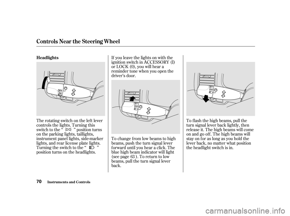 HONDA CIVIC 2001 7.G Owners Manual The rotating switch on the lef t lever 
controls the lights. Turning this
switch to the ‘‘ ’’ position turns
on the parking lights, taillights,
instrument panel lights, side-marker
lights, and
