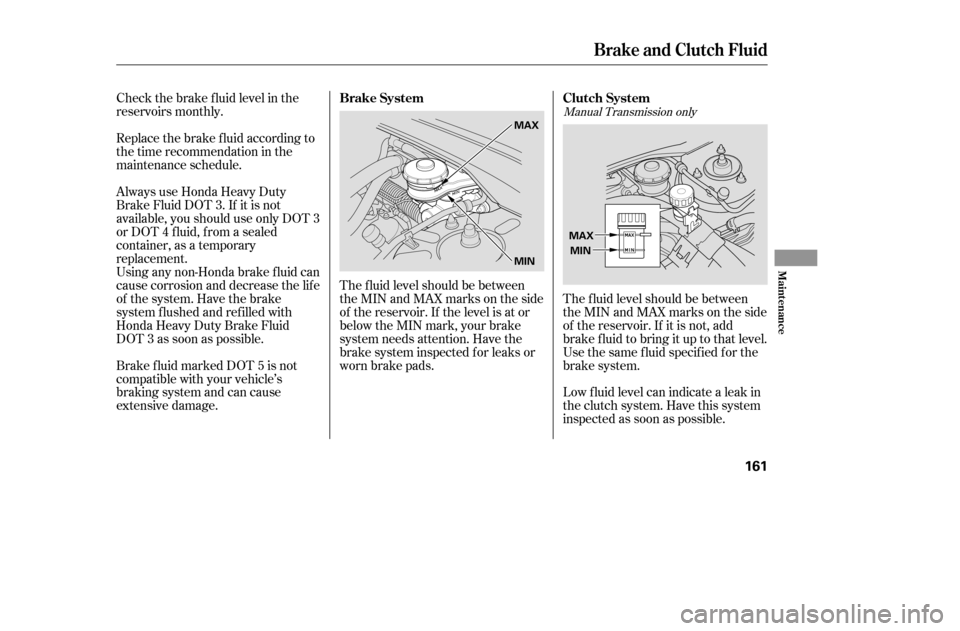 HONDA CIVIC 2005 7.G Owners Manual Check the brake f luid level in the
reservoirs monthly.
Always use Honda Heavy Duty
Brake Fluid DOT 3. If it is not
available, you should use only DOT 3
or DOT 4 f luid, f rom a sealed
container, a HONDA CIVIC 2005 7.G Owners Manual Check the brake f luid level in the
reservoirs monthly.
Always use Honda Heavy Duty
Brake Fluid DOT 3. If it is not
available, you should use only DOT 3
or DOT 4 f luid, f rom a sealed
container, a