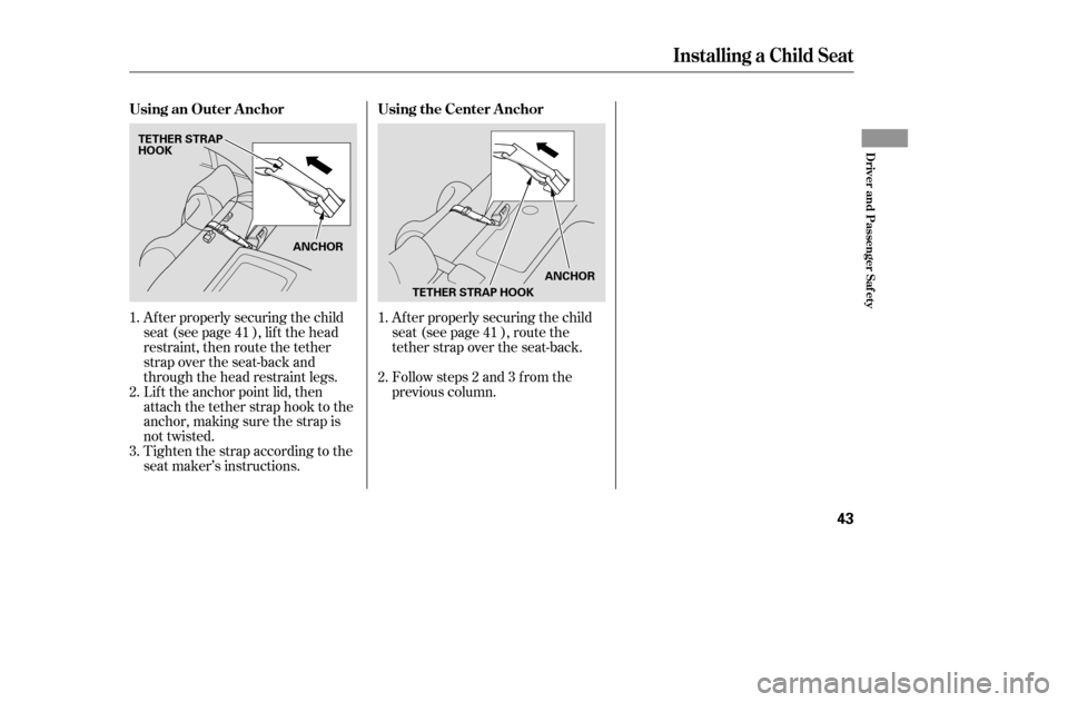 HONDA CIVIC 2005 7.G Owners Manual Af ter properly securing the child 
seat (see page ), lif t the head
restraint, then route the tether
strap over the seat-back and
through the head restraint legs.
Lif t the anchor point lid, then
att